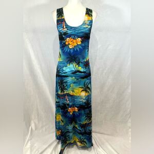 Vintage 90s tropical Hawaiian sunset print maxi beach dress size 1XL